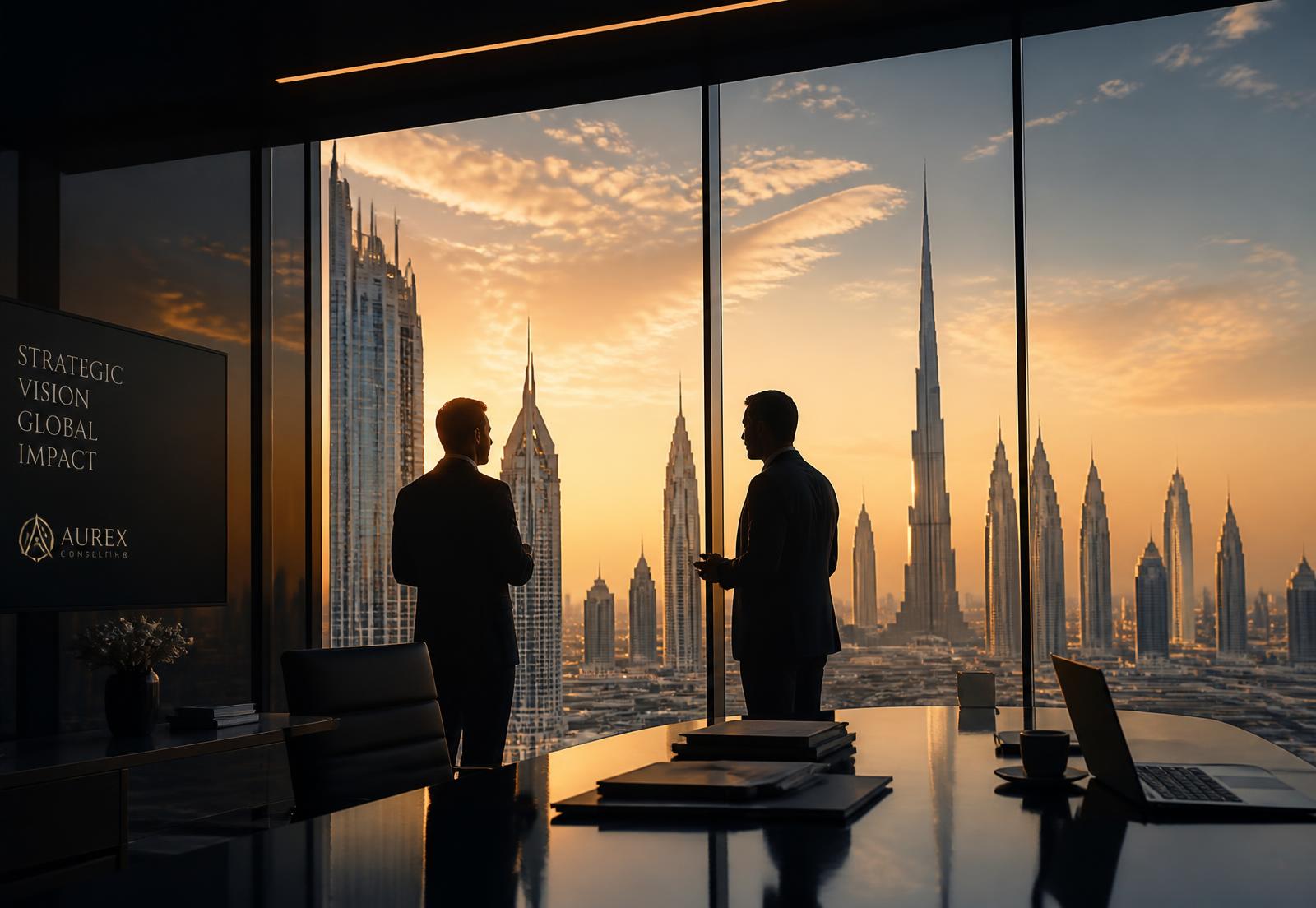 Business consultants overlooking the Dubai skyline at sunset