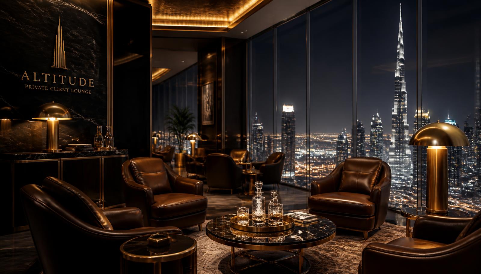 Private client lounge overlooking Dubai at night